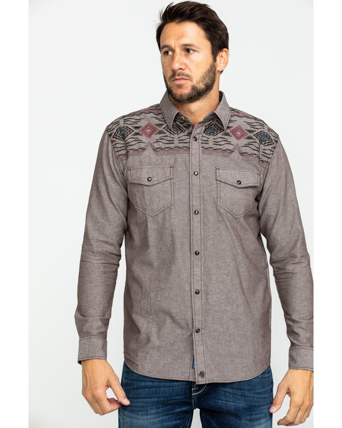 Image #1 - Moonshine Spirit Men's Peace Pipe Solid Aztec Embroidered Long Sleeve Western Shirt , , hi-res