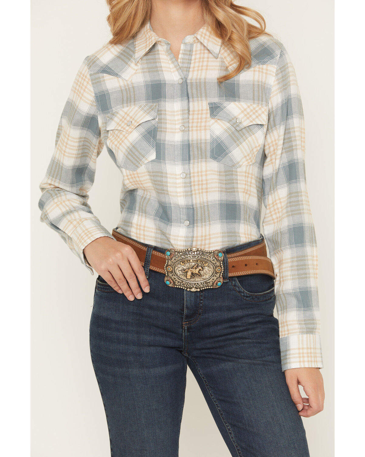 Image #3 - Wrangler Retro Women's Boot Barn Exclusive Plaid Print Long Sleeve Pearl Snap Flannel Shirt, Teal, hi-res
