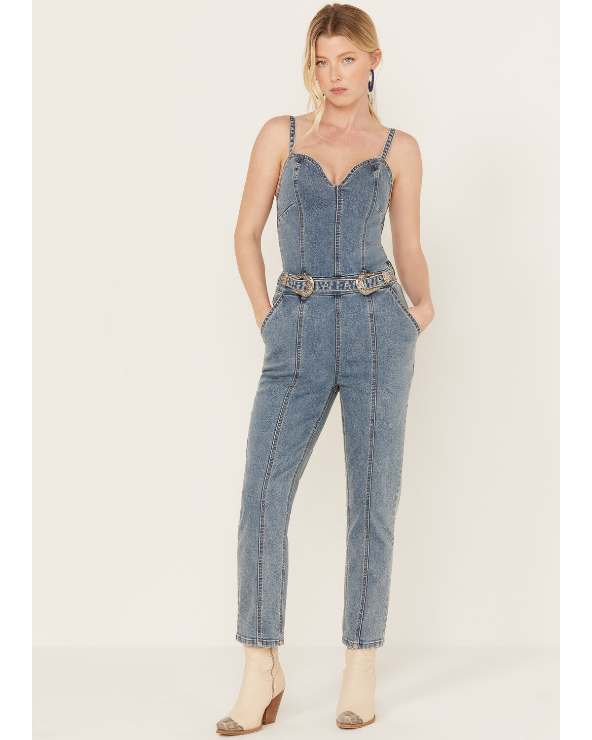 Image #2 - Rock & Roll Denim Women's Medium Wash Straight Leg Stretch Jumpsuit, Blue, hi-res