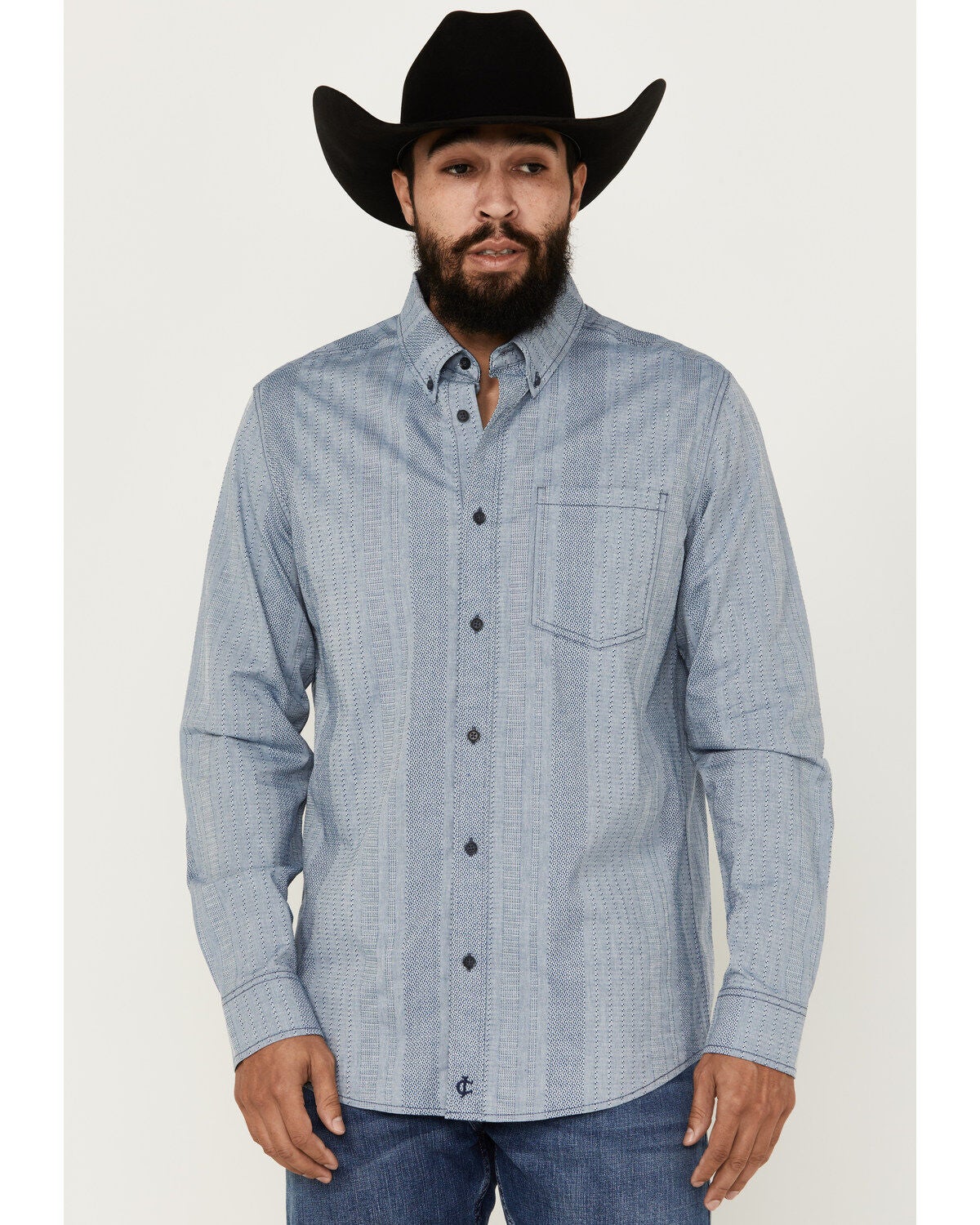 Cody James Men's Buckle Up Chambray Striped Button-Down Long Sleeve Stretch Western Shirt, Light Blue, hi-res