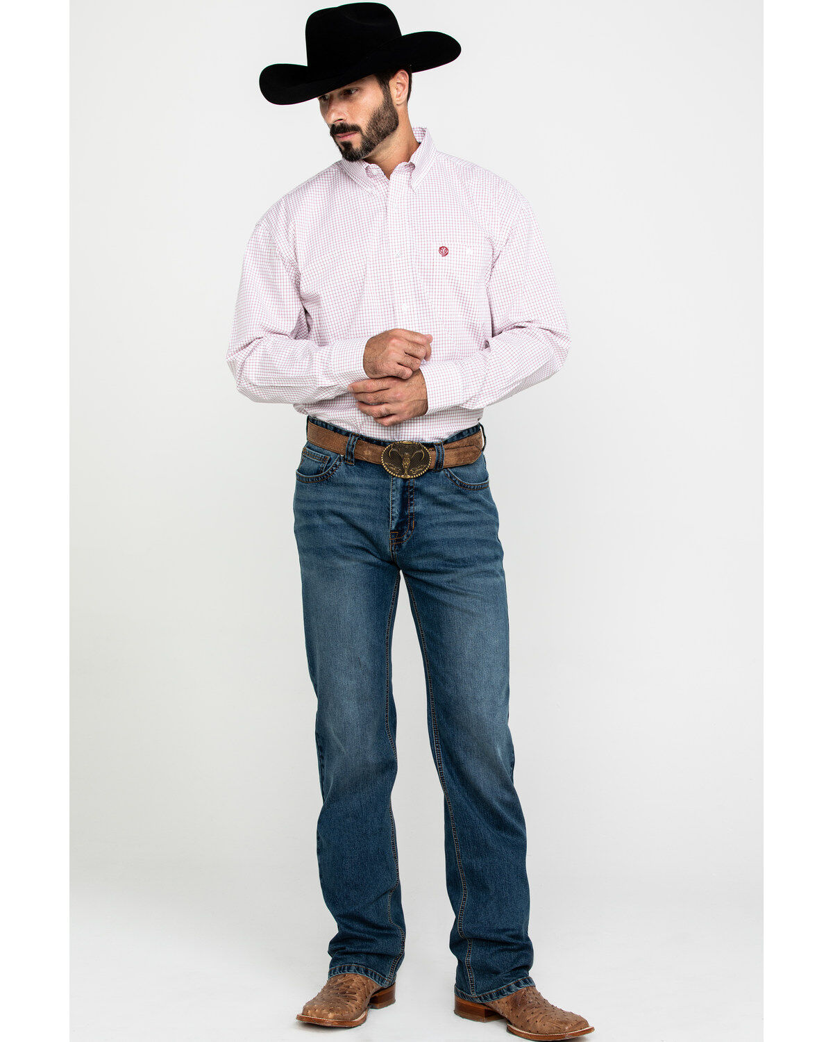 Image #6 - George Strait By Wrangler Men's Red Small Check Plaid Long Sleeve Western Shirt , , hi-res
