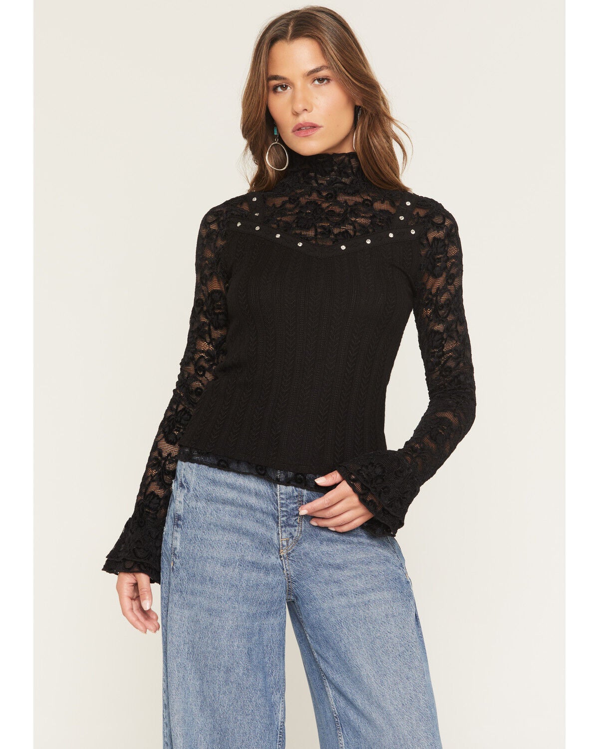 Miss Me Women's Mock Neck Lace Long Sleeve Top, Black, hi-res