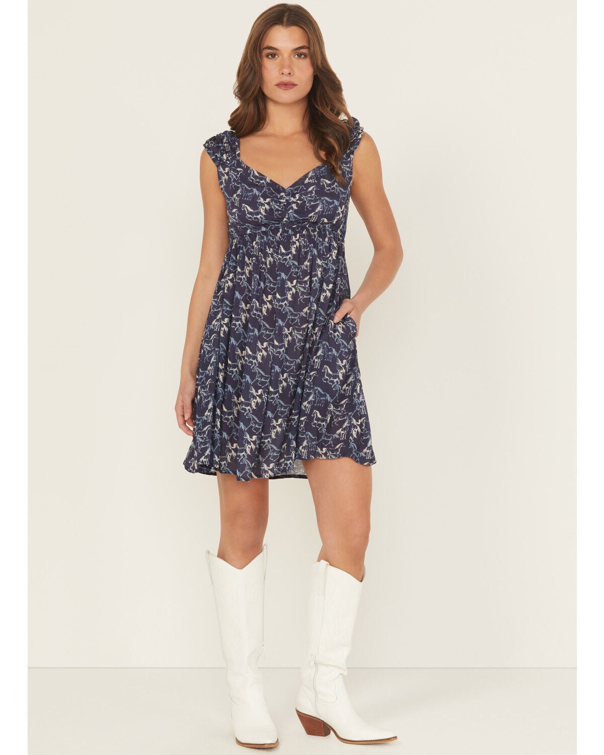 Image #1 - Rock & Roll Denim Women's Running Horses Sleeveless Mini Dress, Navy, hi-res