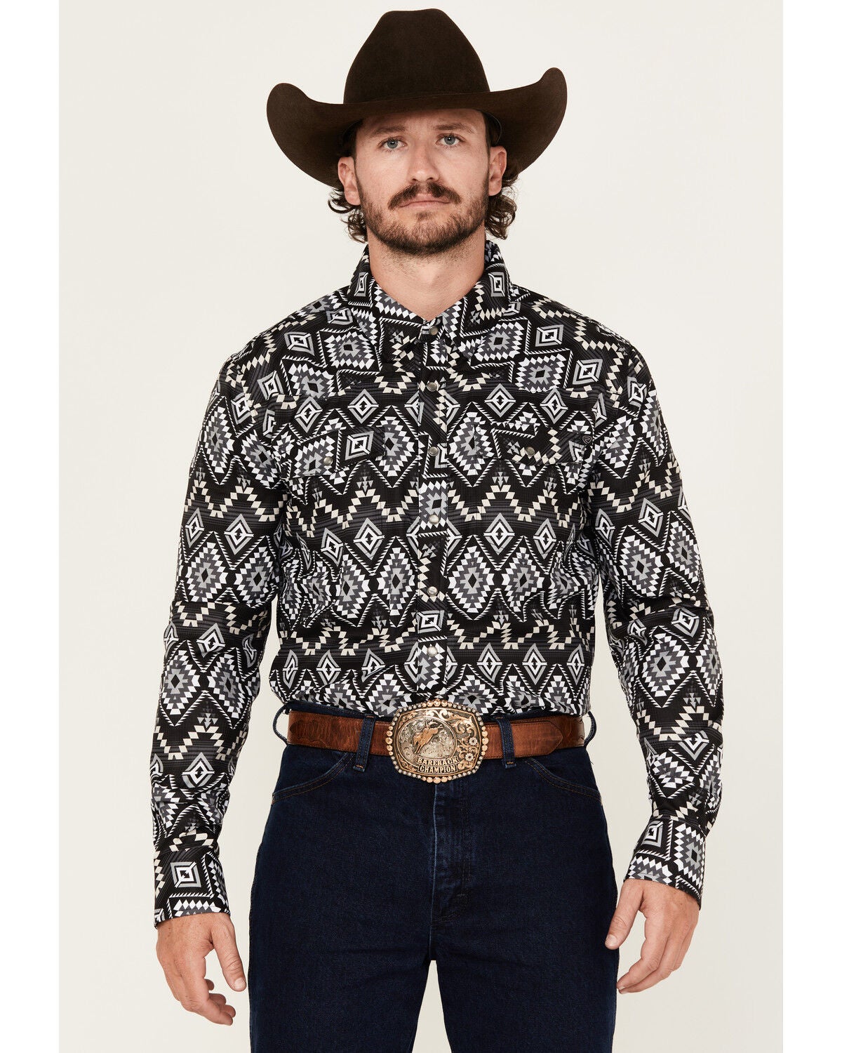 Rock & Roll Denim Men's Tek Southwestern Print Long Sleeve Pearl Snap Western Shirt, Black, hi-res