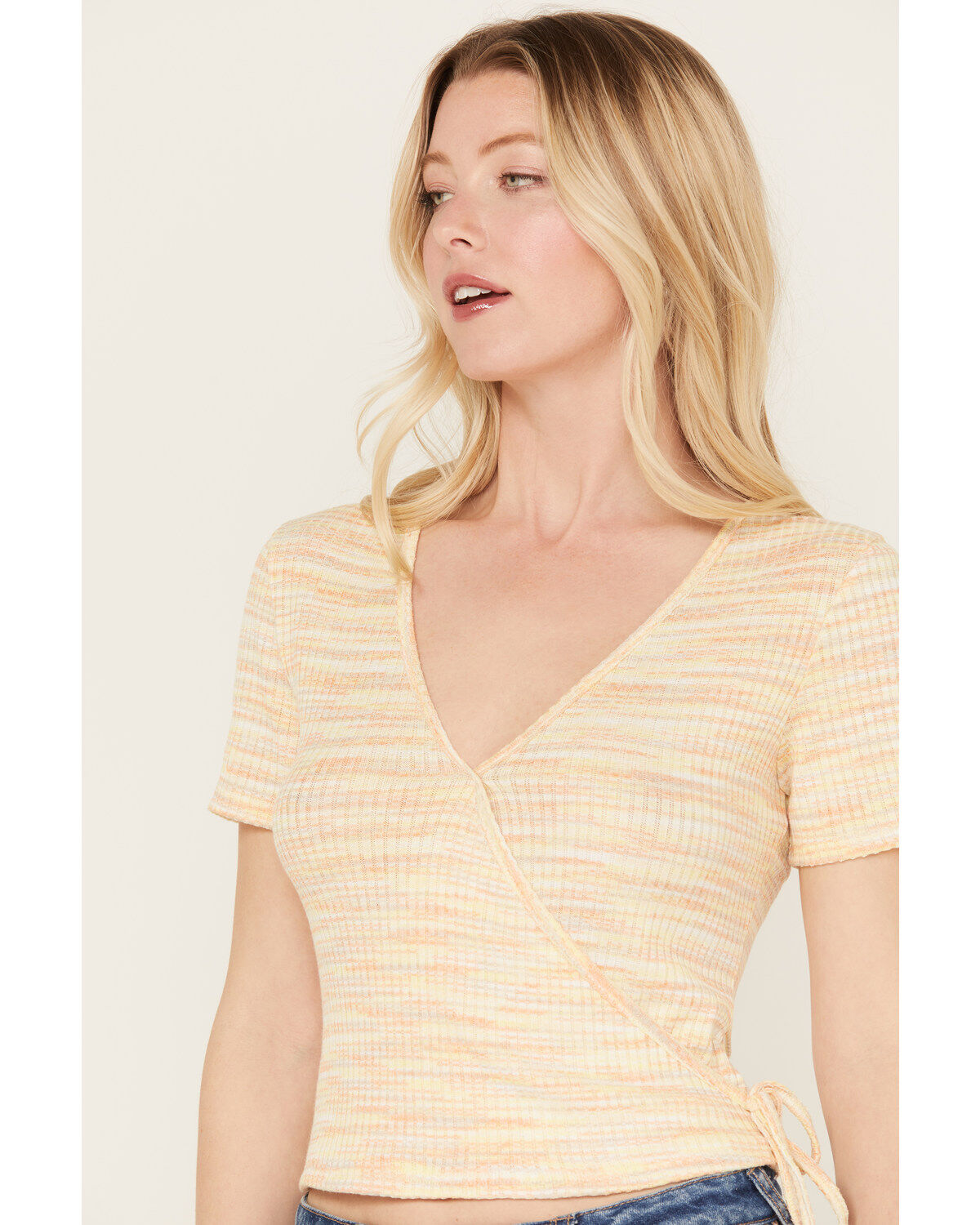 Image #2 - Wild Moss Women's Space Dye Faux Wrap Top, Yellow, hi-res