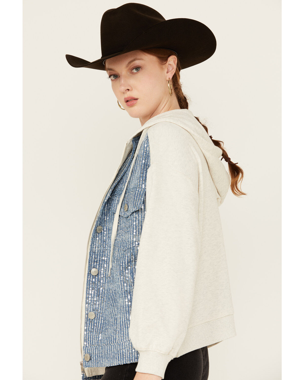 Image #2 - Miss Me Women's Denim Sequins Zip-Up Hoodie, Oatmeal, hi-res