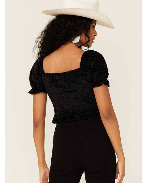 Jolt Women's Velvet Off-The-Shoulder Peasant Crop Top, Black, hi-res