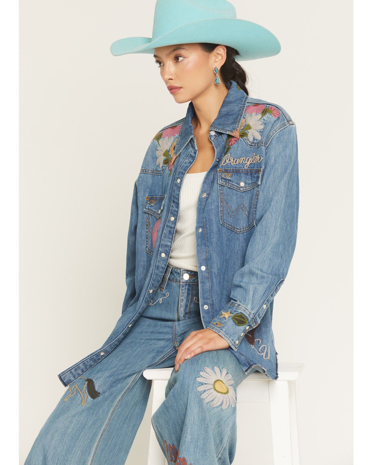 Image #1 - Wrangler X Lainey Wilson Women's Floral Embroidered Long Sleeve Snap Denim Shirt, Blue, hi-res