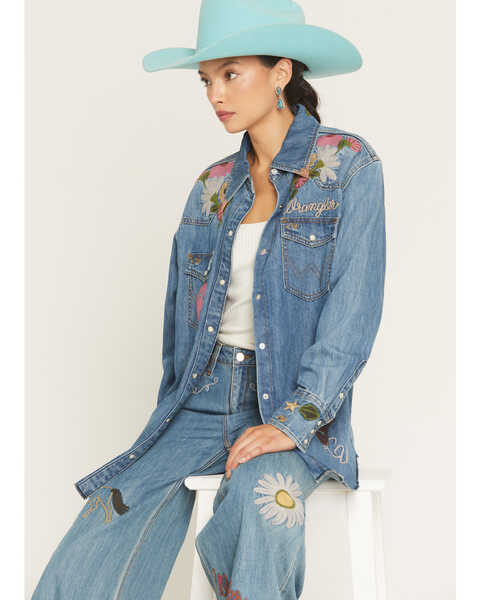 Wrangler X Lainey Wilson Women's Floral Embroidered Long Sleeve Snap Denim Shirt, Blue, hi-res