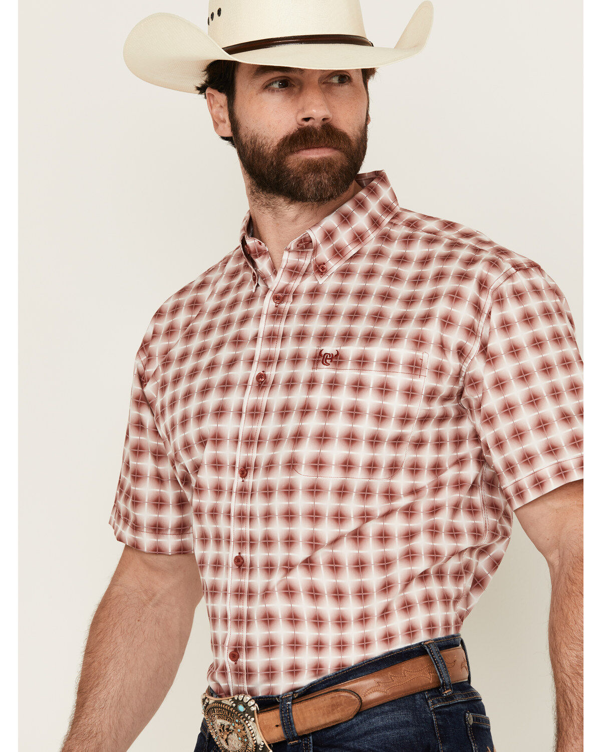 Image #2 - Cowboy Hardware Men's Boot Barn Exclusive Cube Plaid Print Short Sleeve Button-Down Western Shirt, Burgundy, hi-res