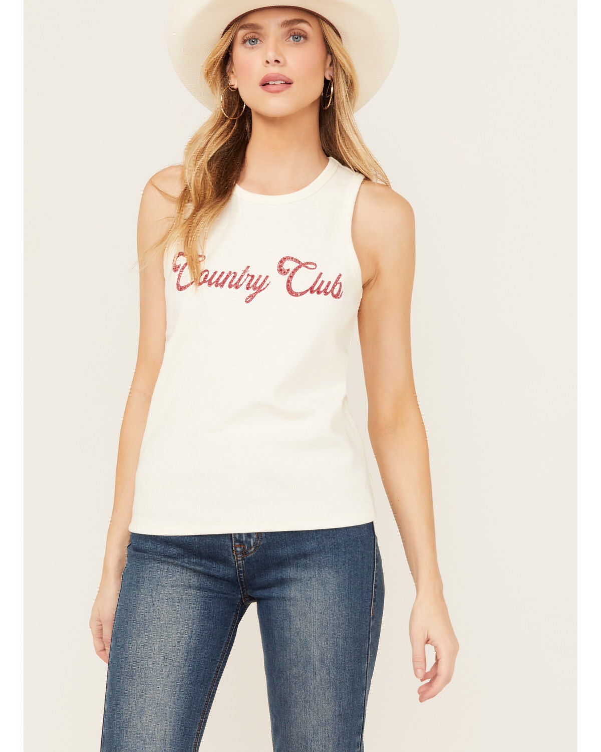 Blended Women's Rhinestone Country Club Graphic Tank, White, hi-res