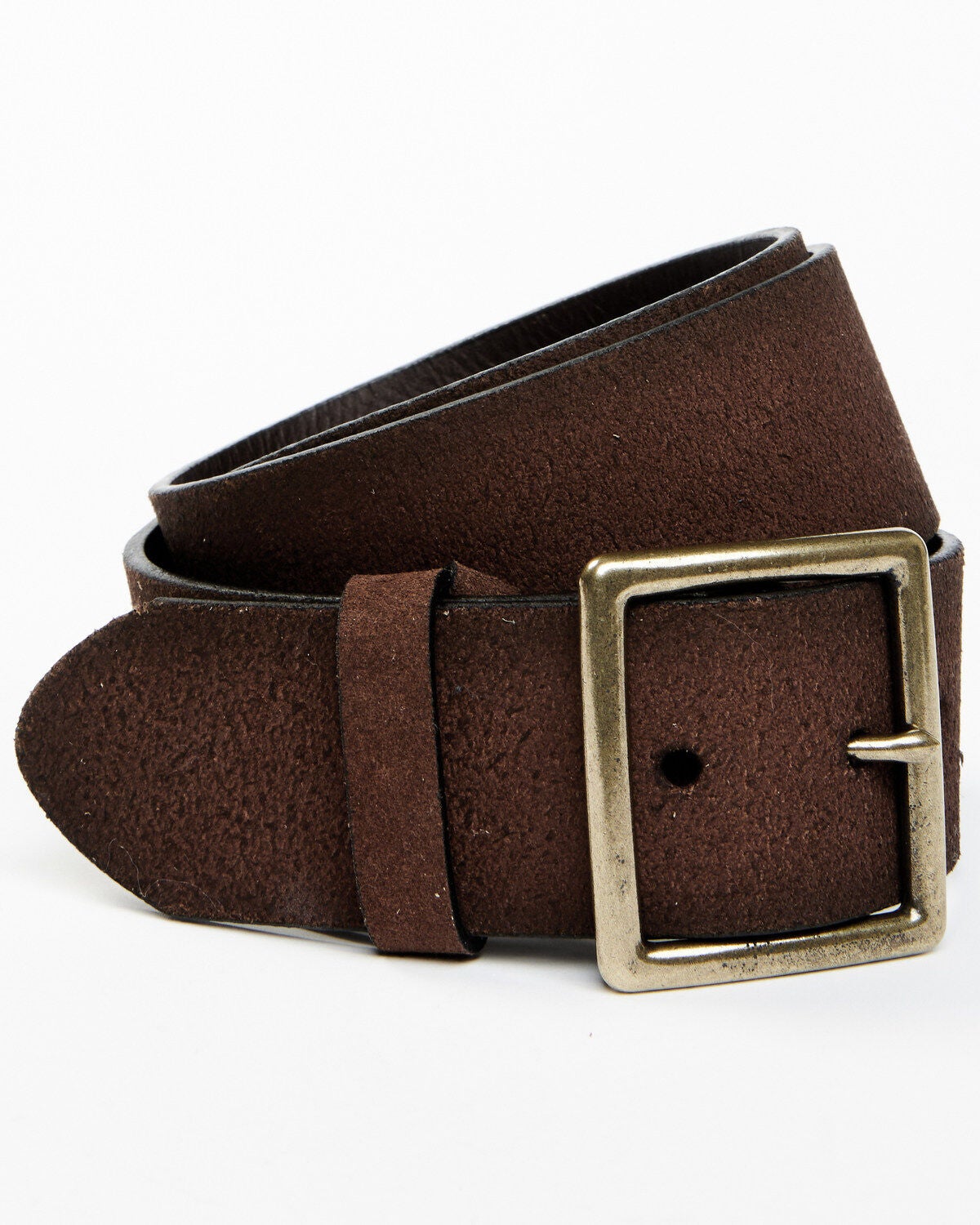 Brothers and Sons Men's Brass Buckle & Roughout Leather Belt, Brown, hi-res