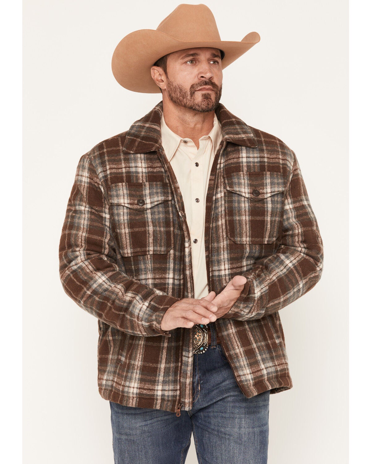 Image #1 - Cripple Creek Men's Plaid Print Sherpa Lined Zip Sherpa Jacket, Brown, hi-res