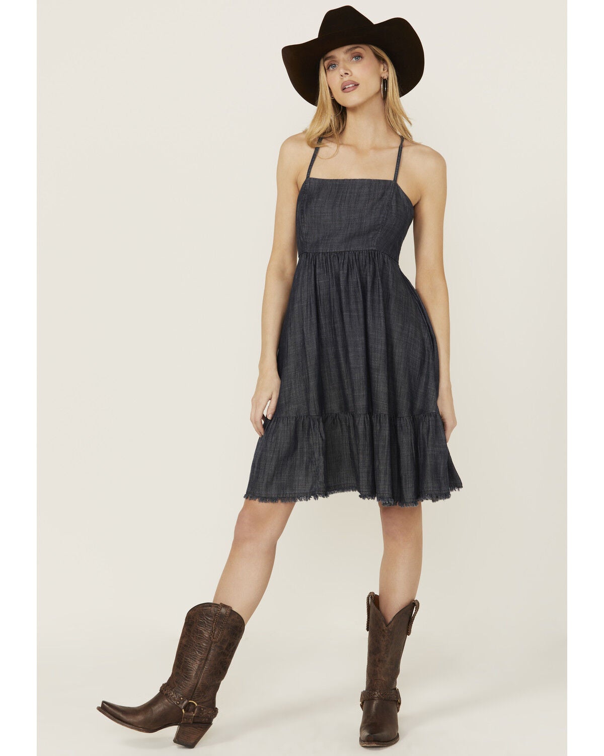 Ariat Women's Calico Chambray Tie Back Mini Dress, Navy, hi-res
