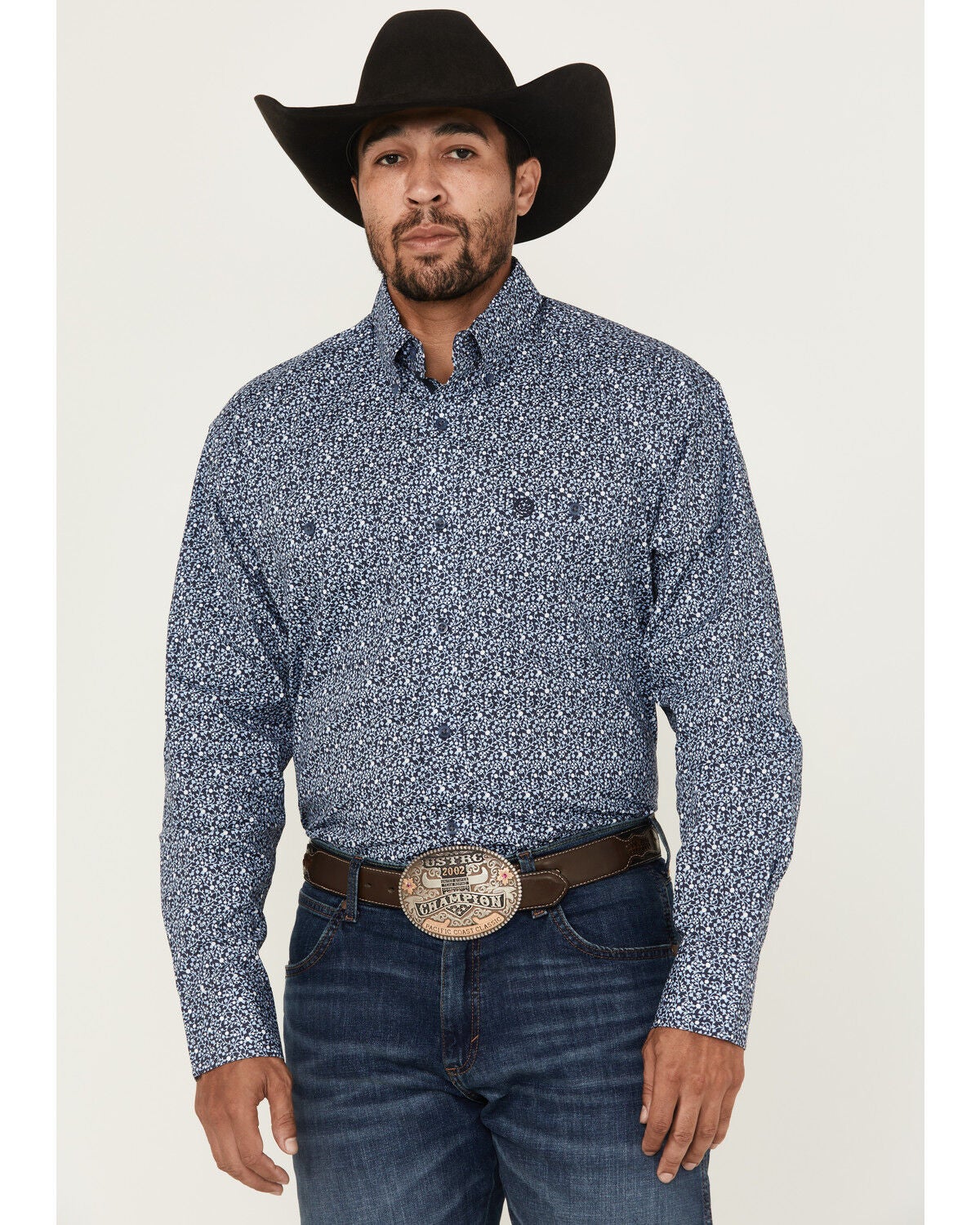 George Strait by Wrangler Men's Floral Print Long Sleeve Button-Down Stretch Western Shirt, Blue, hi-res