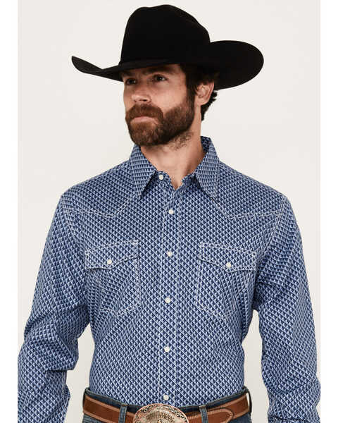 Wrangler 20X Men's Advanced Comfort Geo Print Long Sleeve Snap Western Shirt, Navy, hi-res