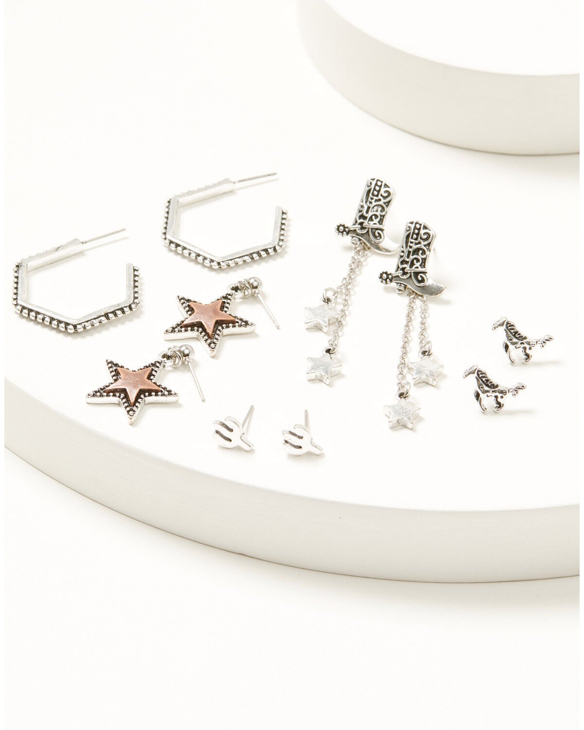 Shyanne Women's Boots, Horses, Cactus, and Stars Earring Set - 5 Piece, Silver, hi-res