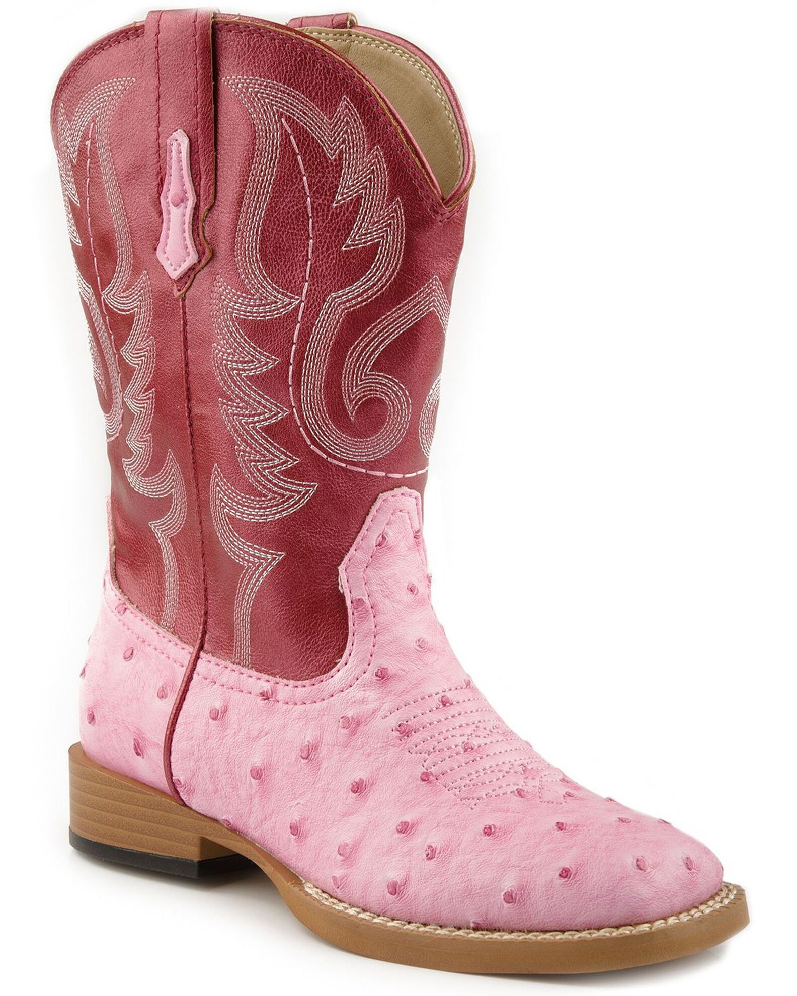 Image #1 - Roper Girls' Ostrich Print Western Boots - Square Toe, Pink, hi-res