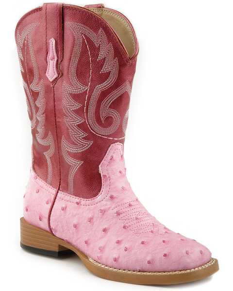 Roper Girls' Ostrich Print Cowgirl Boots - Square Toe, Pink, hi-res