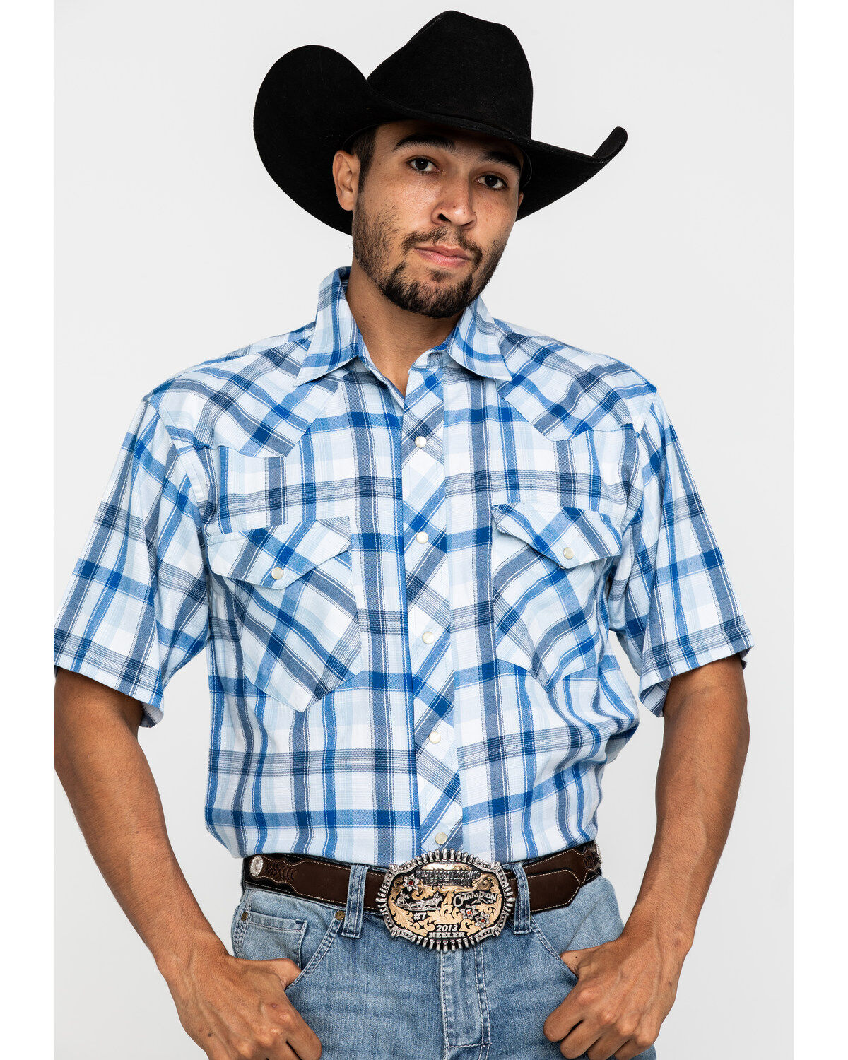 Image #1 - Resistol Men's Blue Vallecito Large Plaid Short Sleeve Western Shirt, , hi-res