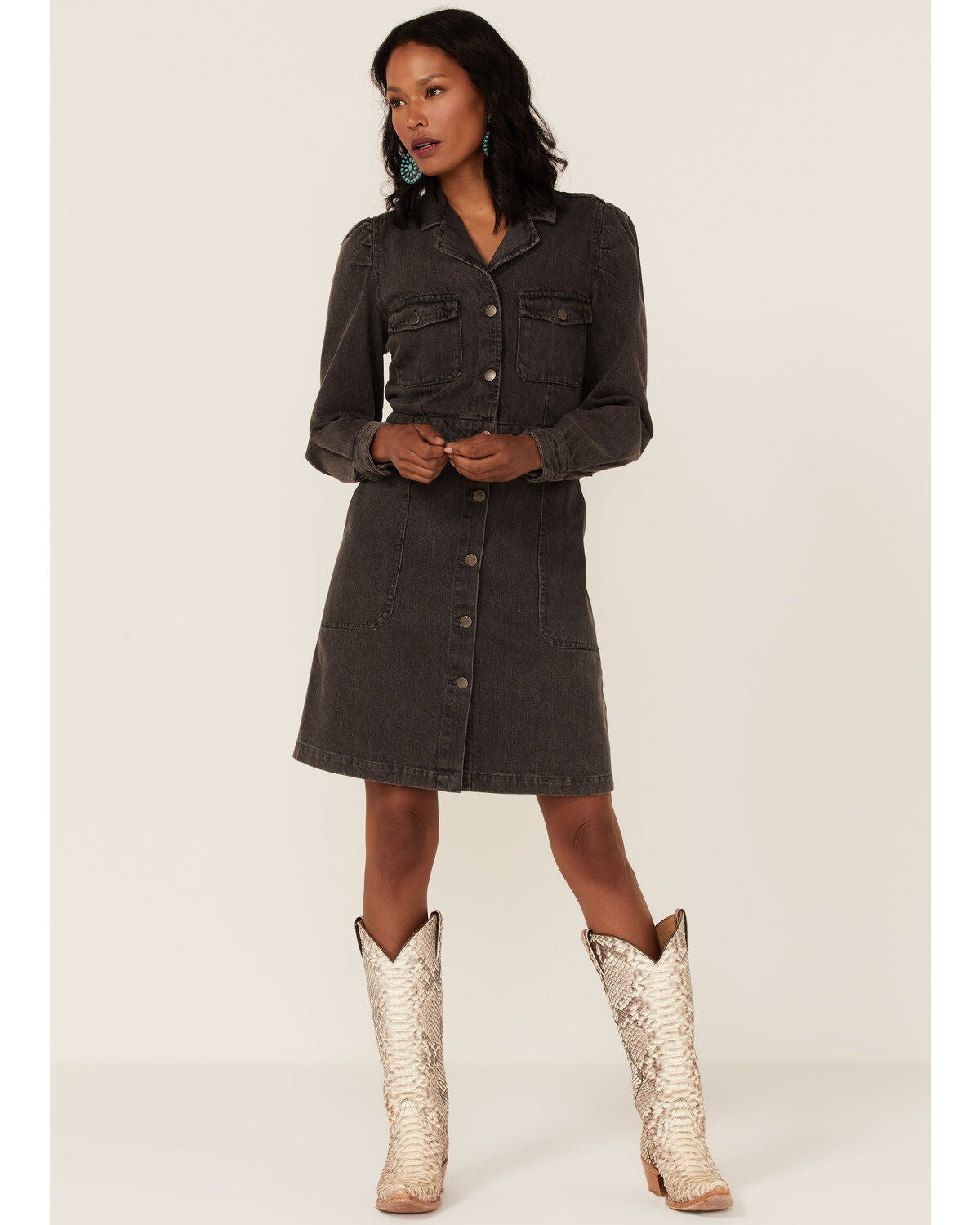 Velvet Heart Women's Long Sleeve Button-Down Denim Mini Dress, Black, hi-res