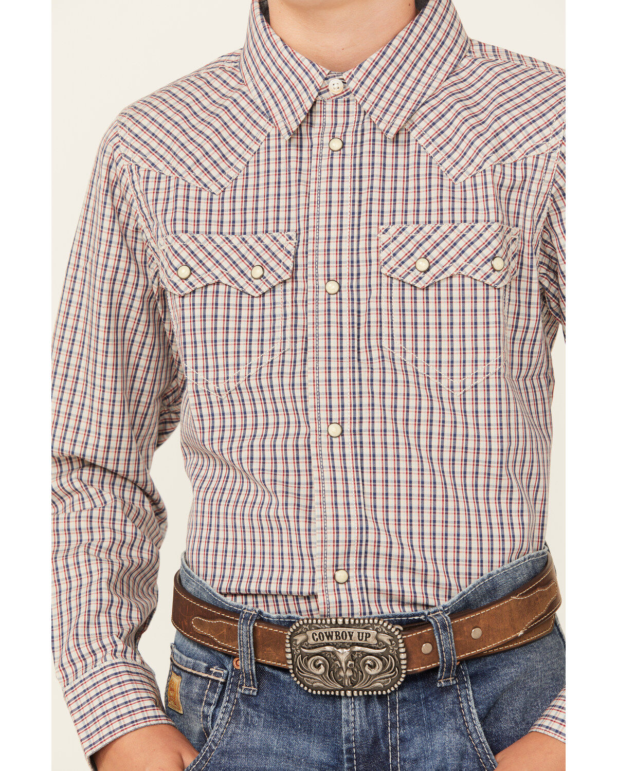 Image #3 - Cody James Boys' Rowdy Plaid Print Long Sleeve Snap Western Shirt, Tan, hi-res