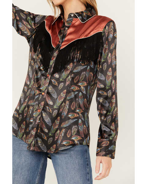 Image #3 - Scully Women's Feather Print Long Sleeve Pearl Snap Western Fringe Shirt, Black, hi-res