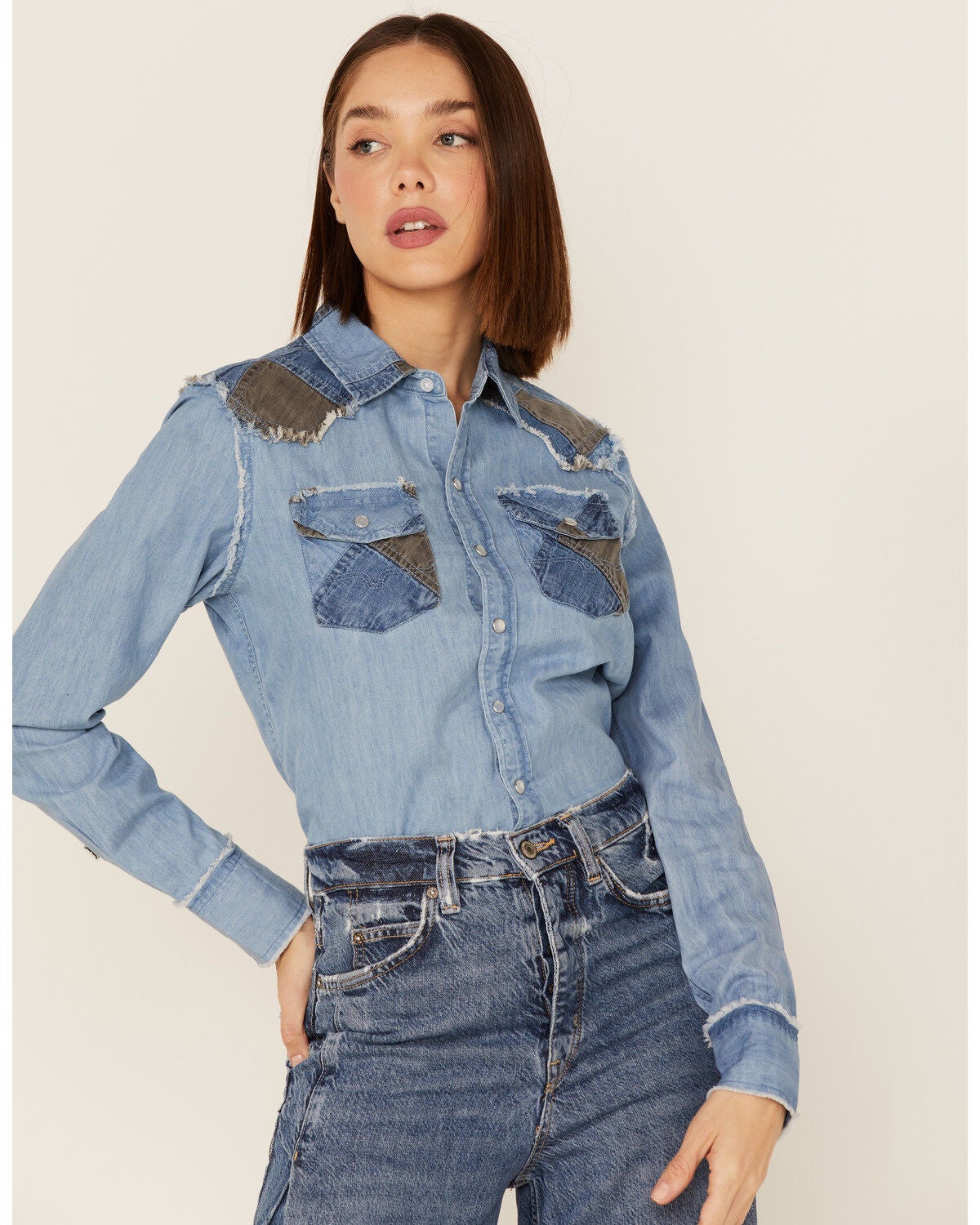 Kimes Ranch Women's KC Patched Denim Western Shirt, Indigo, hi-res