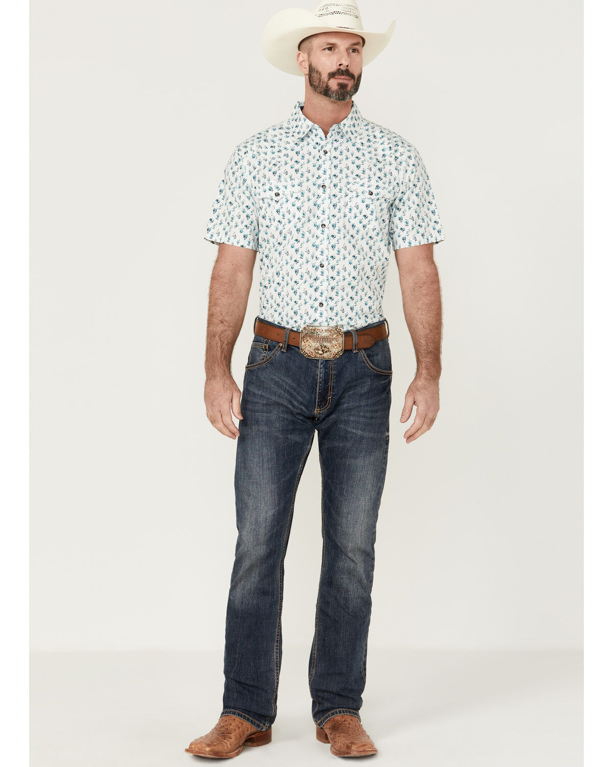 Image #2 - Moonshine Spirit Men's Blue Agave Floral Print Short Sleeve Snap Western Shirt, White, hi-res