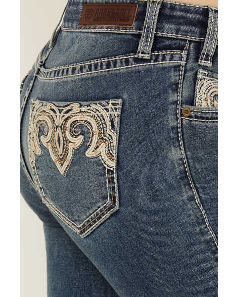 Image #2 - Rock & Roll Denim Women's Medium Wash Mid Rise Leather Embroidered Bootcut Stretch Denim Jeans , Medium Wash, hi-res