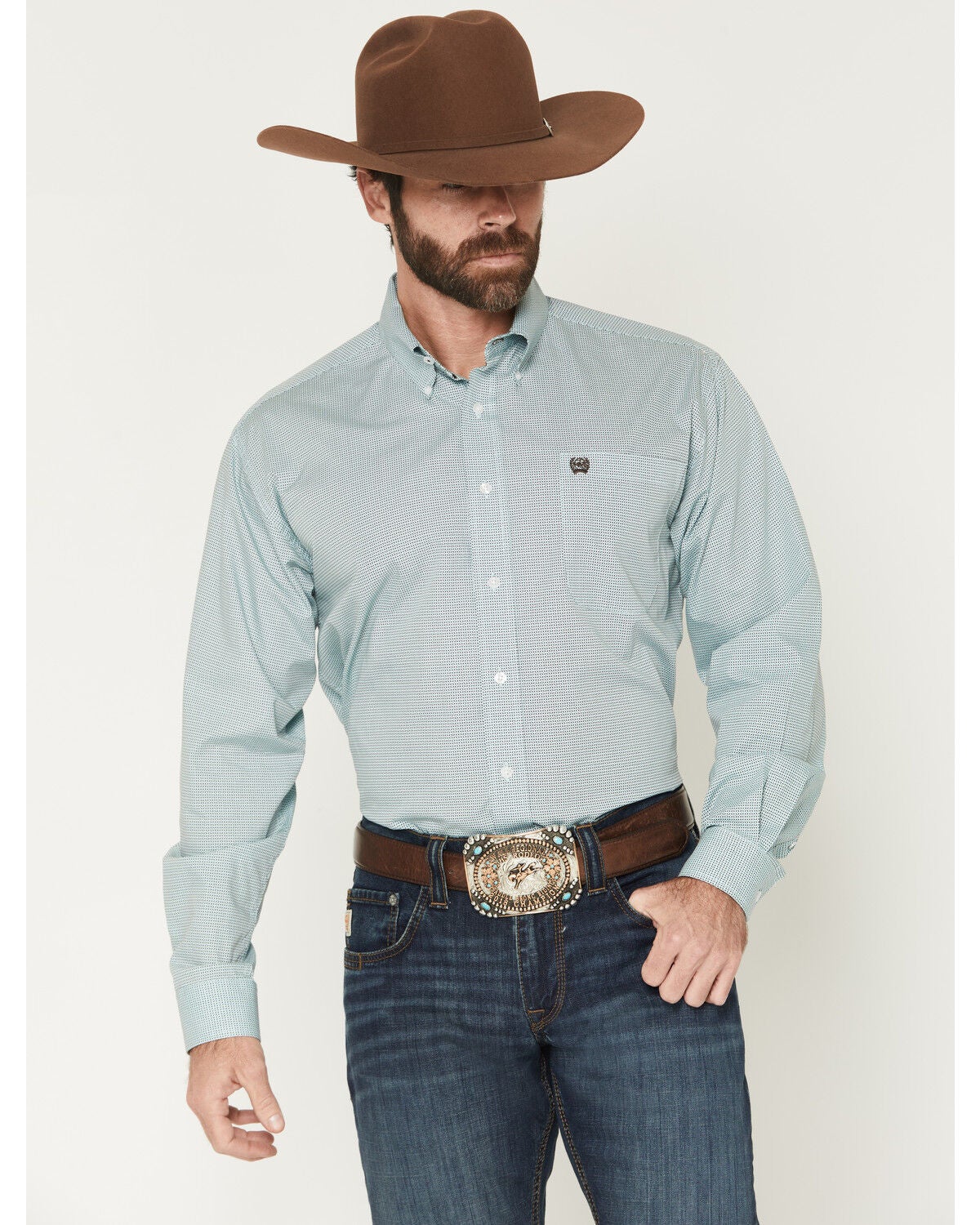 Cinch Men's Micro Geo Print Long Sleeve Button-Down Western Shirt, Blue, hi-res