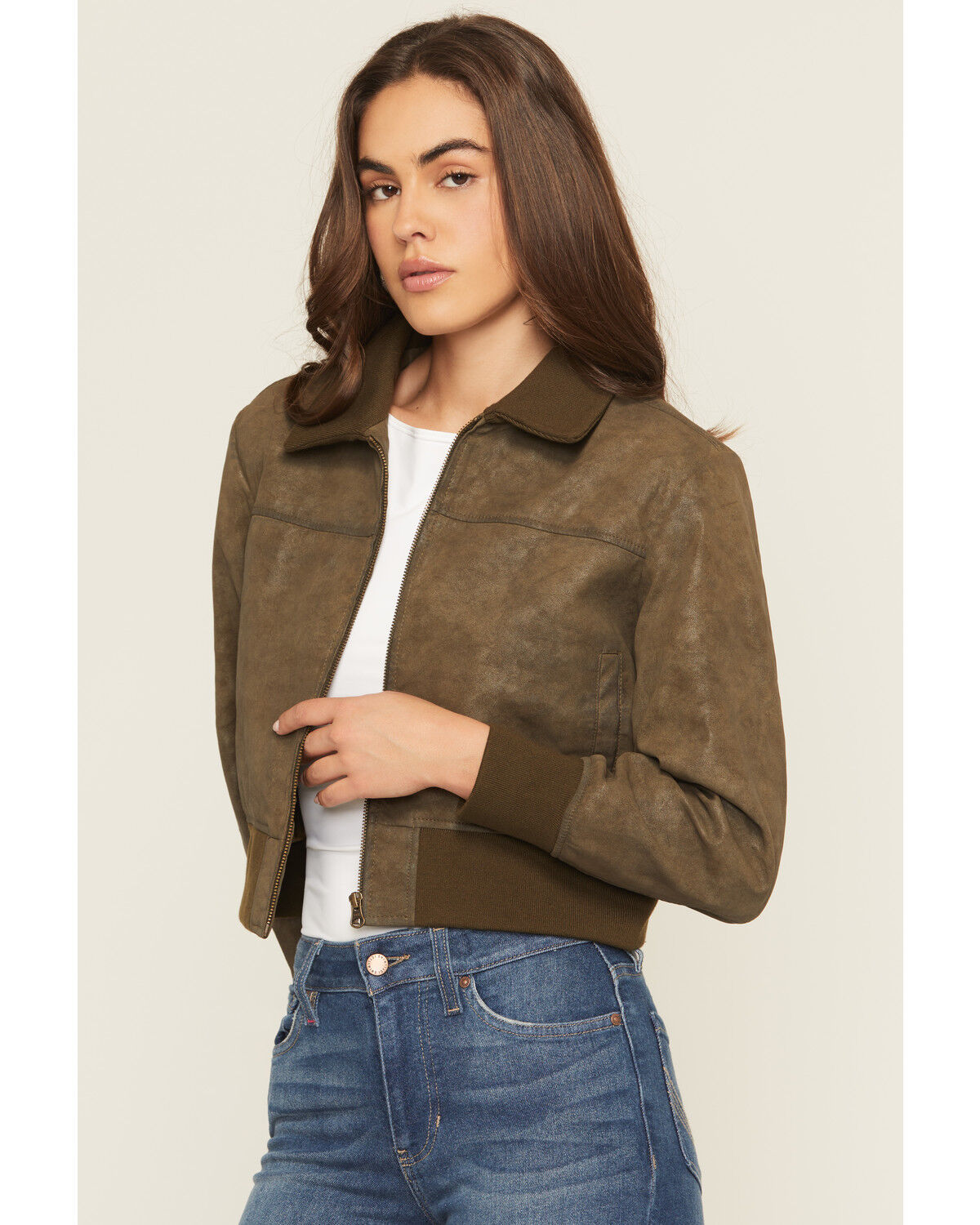 Image #2 - Cleo + Wolf Women's Washed Faux Leather Bomber Jacket, Hunter Green, hi-res