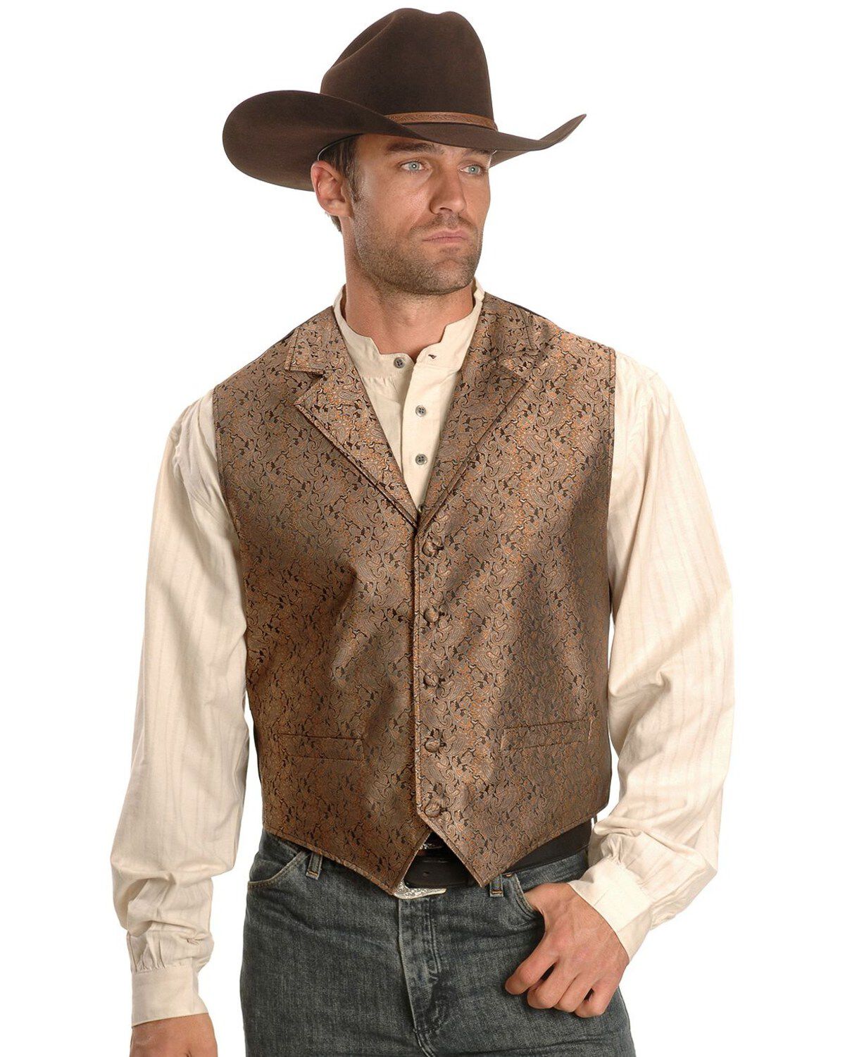 Rangewear by Scully Notched Lapel Paisley Print Vest - Big & Tall, Brown, hi-res