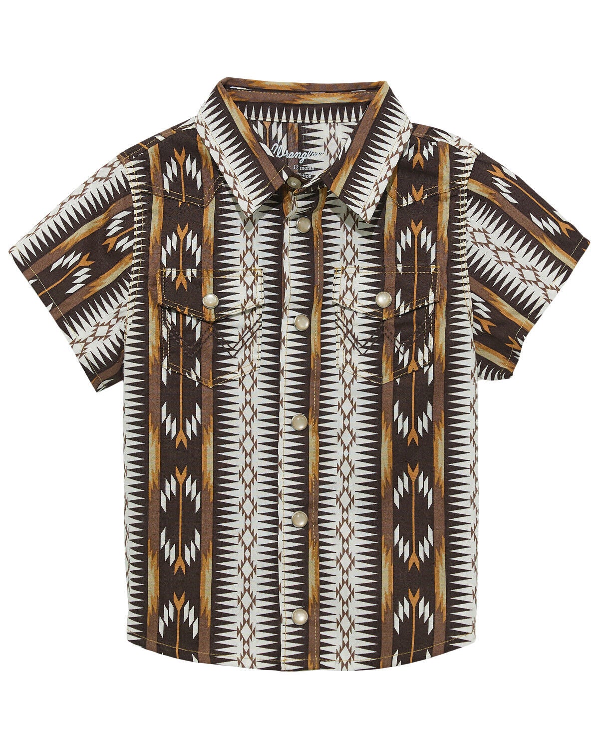 Wrangler Toddler Boys' Southwestern Striped Short Sleeve Pearl Snap Western Shirt, Brown, hi-res