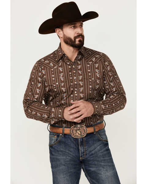 Ely Walker Men's Floral Striped Long Sleeve Pearl Snap Western Shirt - Big , Brown, hi-res