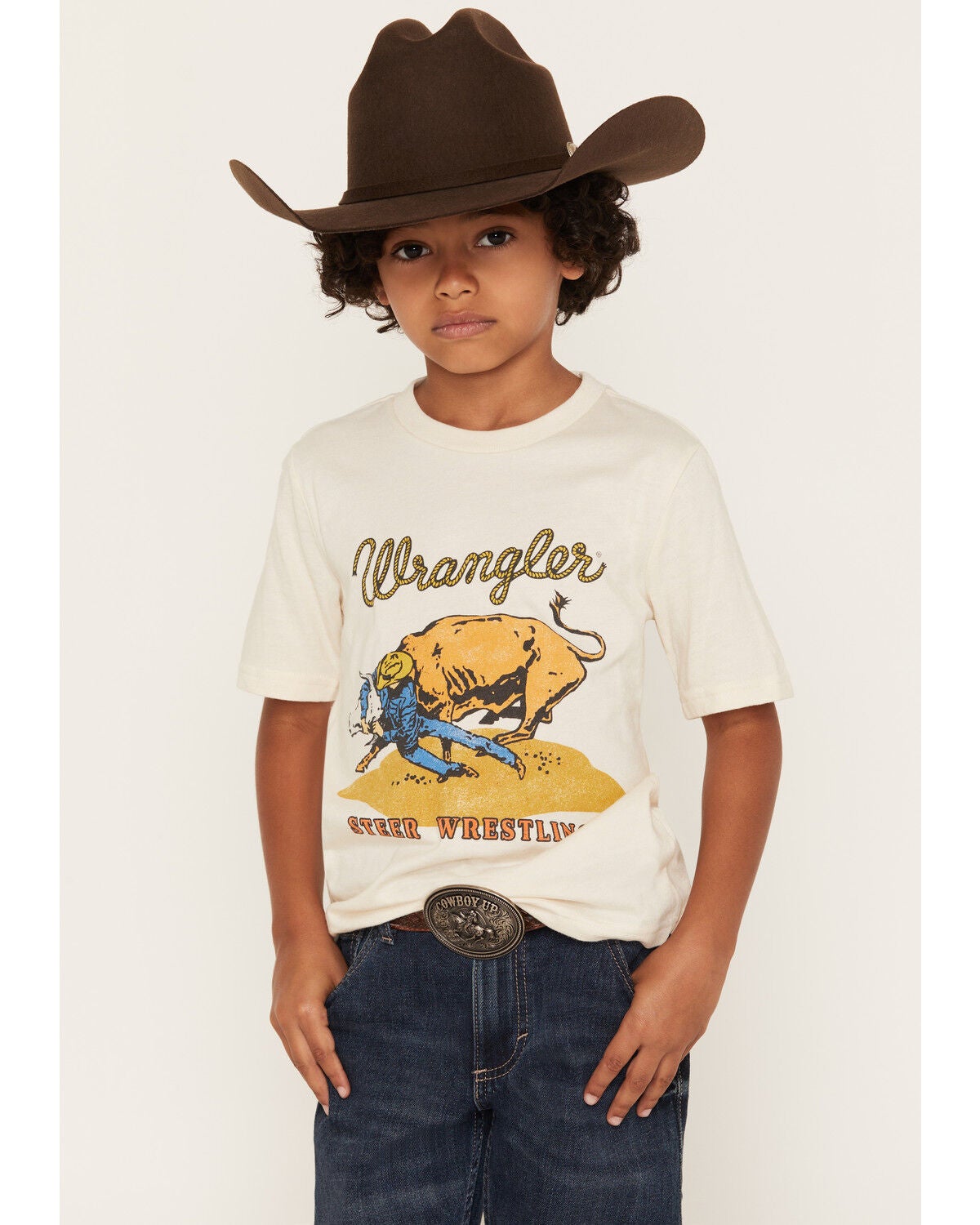 Wrangler Boys' Steer Wrestling Short Sleeve Graphic T-Shirt, Off White, hi-res