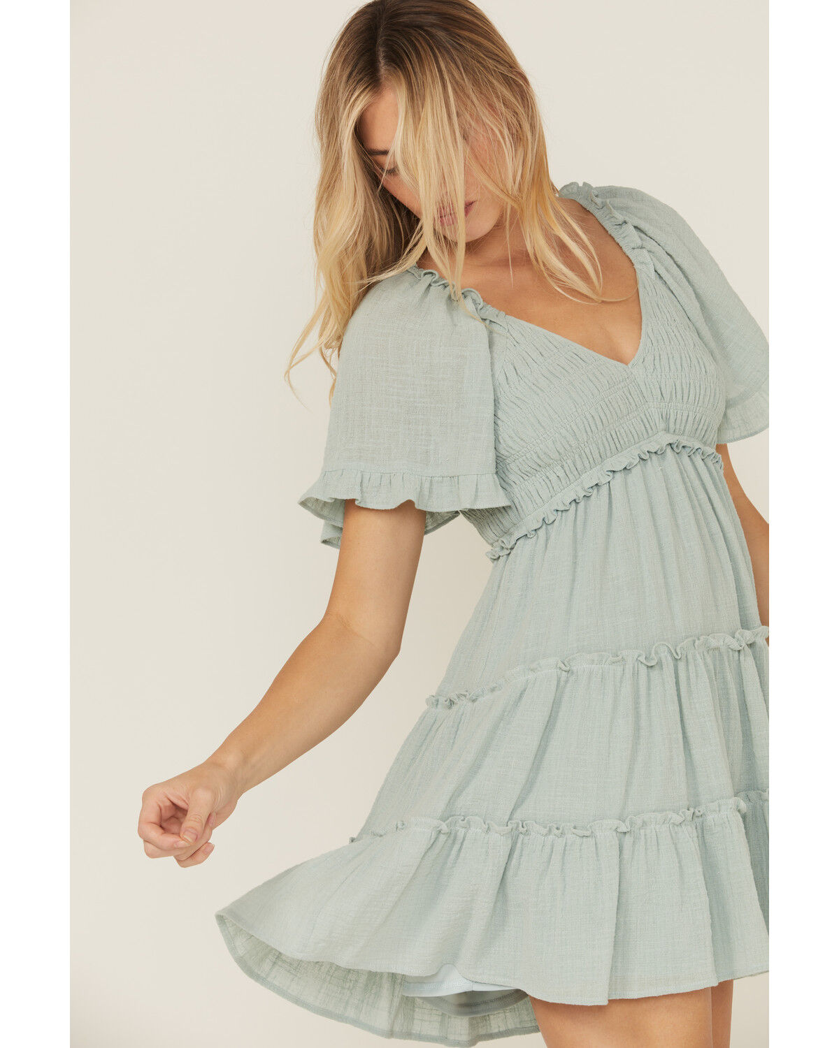 Image #2 - Yura Women's Solid Smocked Short Sleeve Mini Dress, Seafoam, hi-res