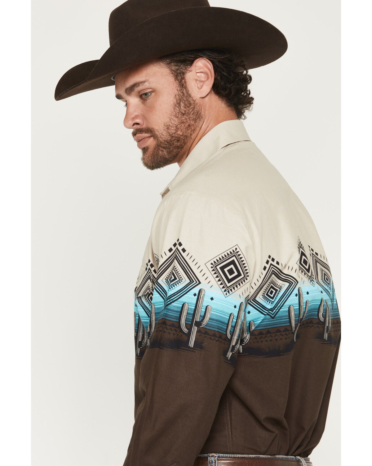 Image #2 - Panhandle Slim Men's Southwestern Cactus Border Long Sleeve Snap Western Shirt, Dark Brown, hi-res