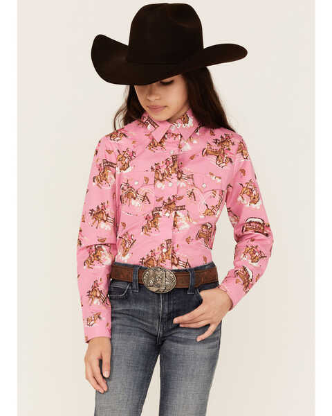 Panhandle Girls' Rodeo Horse Print Long Sleeve Western Snap Shirt, Pink, hi-res