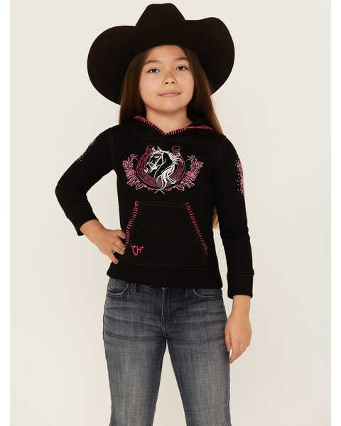 Cowgirl Hardware Girls' Horseshoe Horse Hooded Thermal Shirt , Black, hi-res