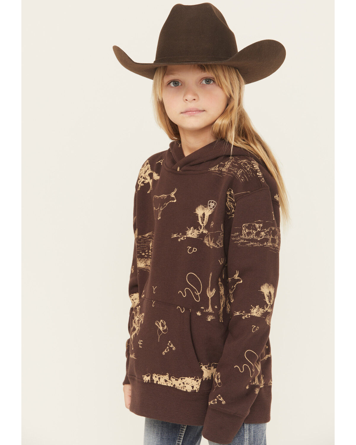 Image #2 - Ariat Girls' Ranch Scene Hoodie, Brown, hi-res