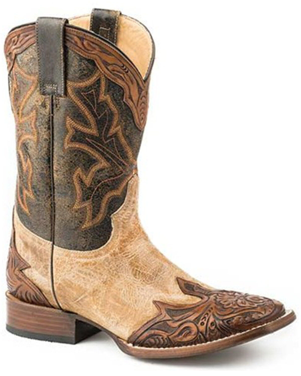 Image #1 - Stetson Men's Julian Cracked Tooled Wingtip Western Boots - Broad Square Toe, Tan, hi-res