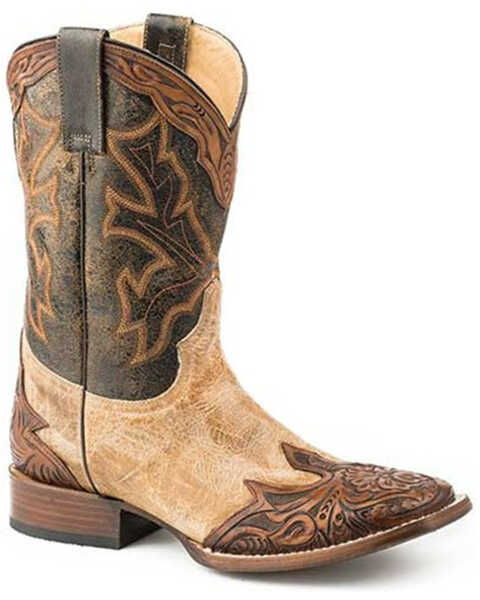 Stetson Men's Julian Cracked Tooled Wingtip Western Boots - Broad Square Toe , Tan, hi-res