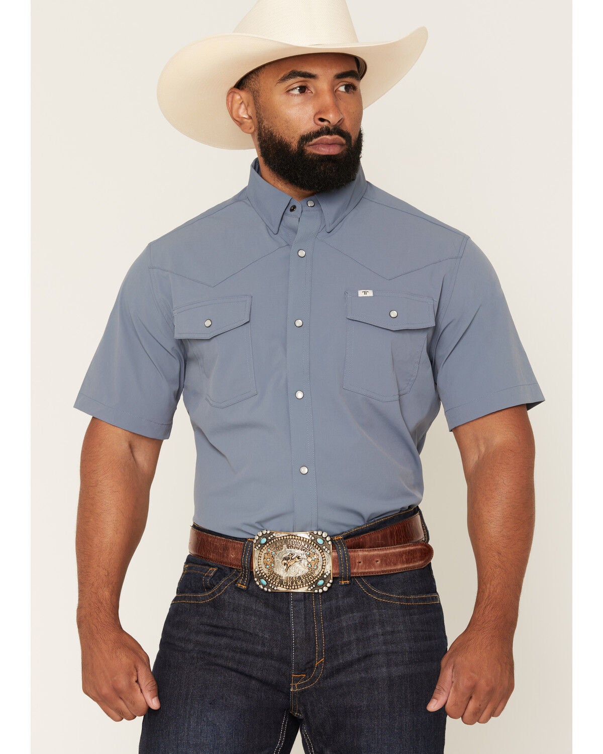 Ferrell Men's Tek Solid Short Sleeve Snap Performance Western Shirt, Blue, hi-res