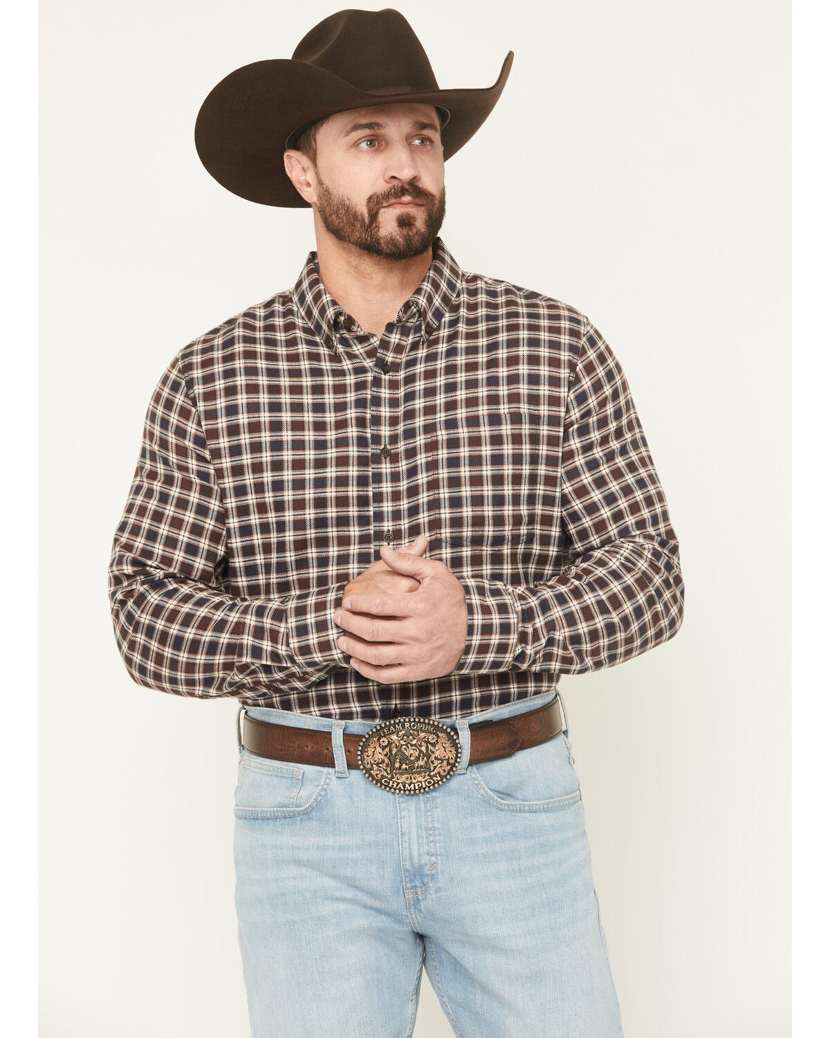 Cody James Men's Rodeo Ridge Plaid Print Long Sleeve Button-Down Stretch Western Shirt, Brown, hi-res