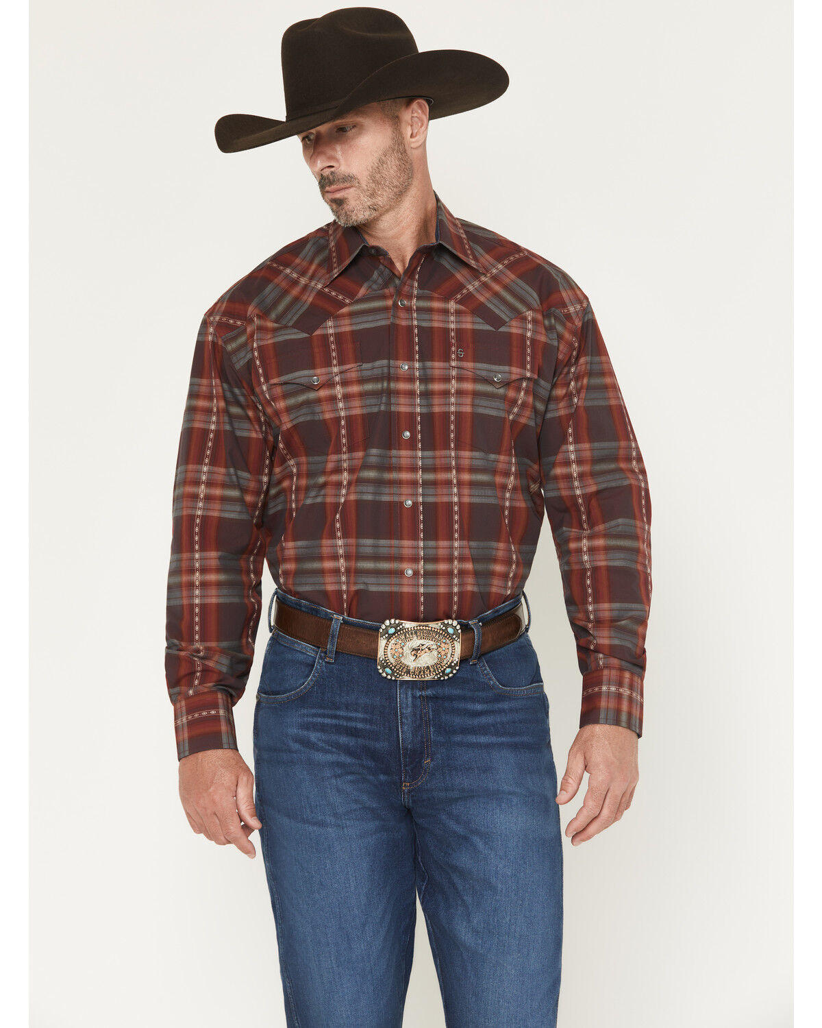 Image #1 - Stetson Men's Plaid Print Long Sleeve Snap Western Shirt, Wine, hi-res