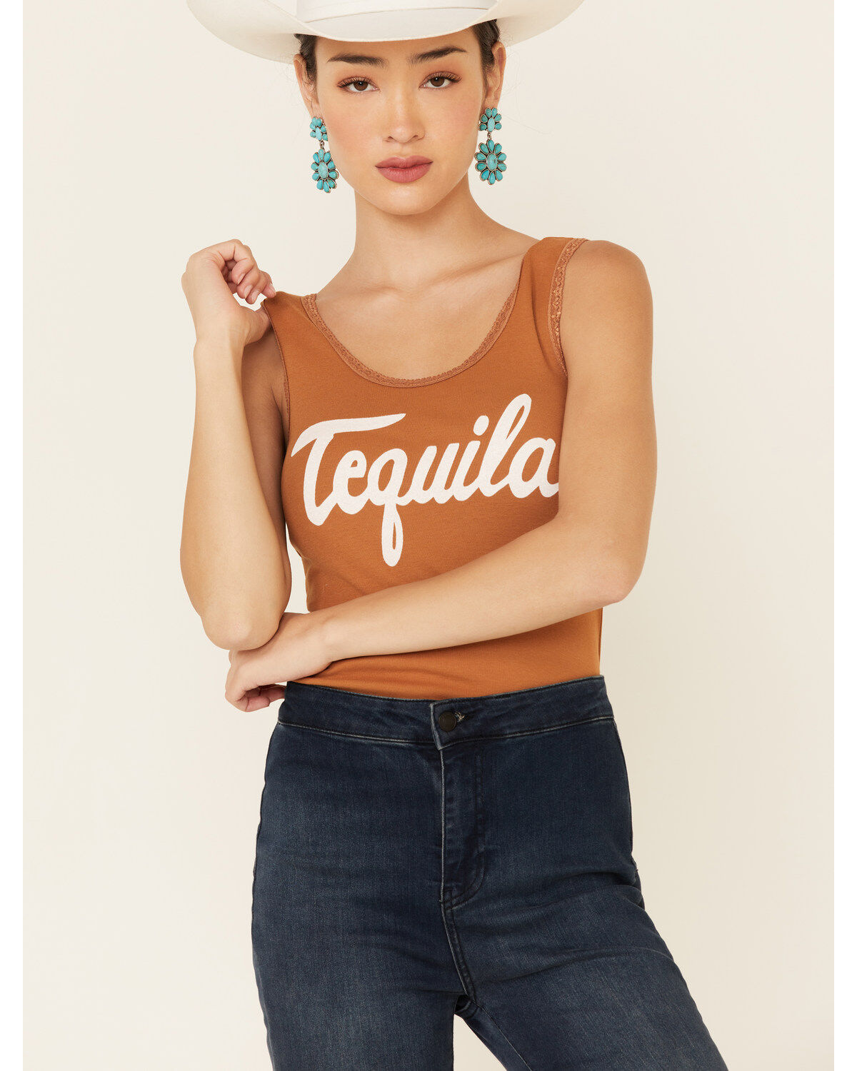 Image #1 - Bandit Brand Women's Cognac Tequila Graphic Lace Trim Tank Top , , hi-res