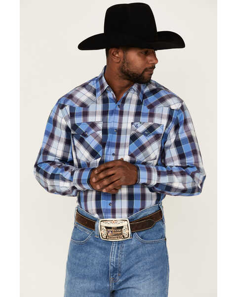 Rodeo Clothing Men's Large Blue Plaid Long Sleeve Snap Western Shirt , Blue, hi-res