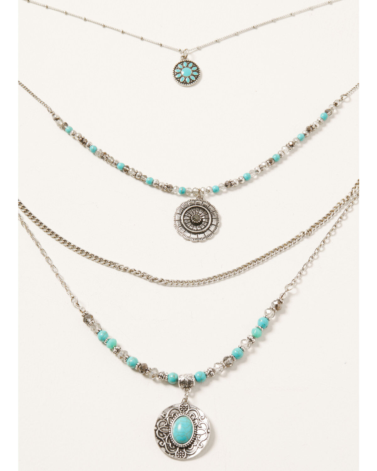 Image #3 - Shyanne Women's Shimmer Concho Four Tier Silver & Turquoise Necklace, Silver, hi-res