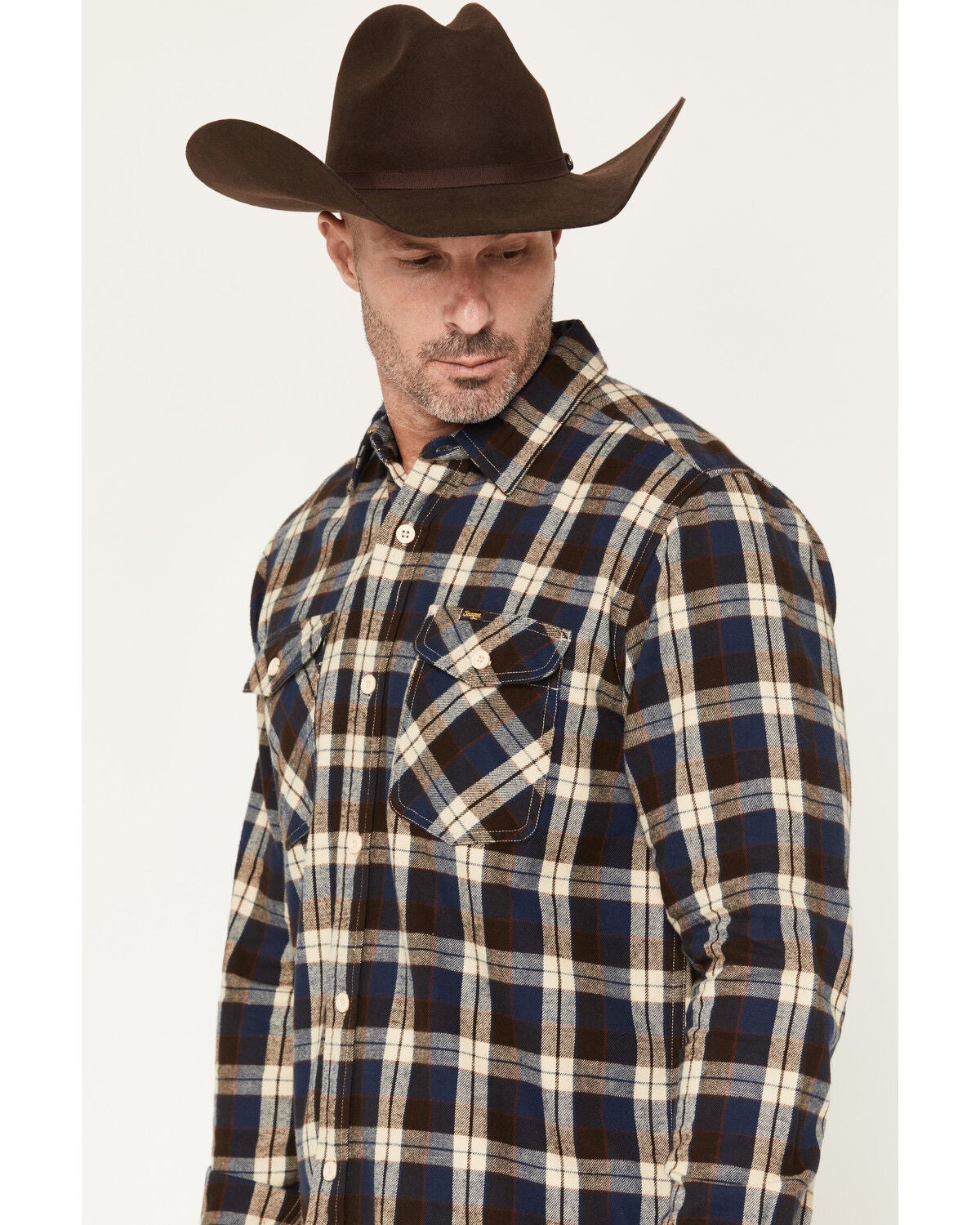 Image #2 - Seager Men's Calico Plaid Print Long Sleeve Button-Down Flannel Shirt, Navy, hi-res